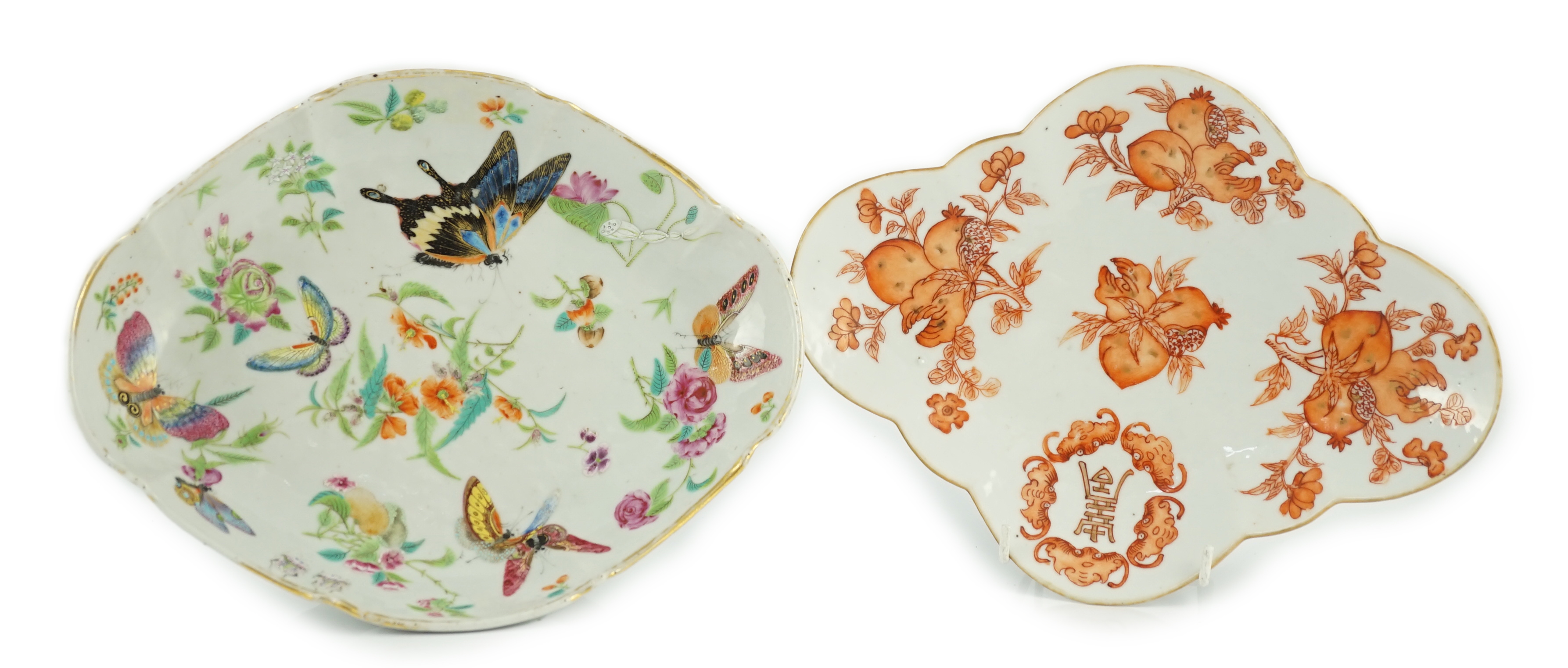 A Chinese famille rose 'butterfly and flowers' dish, Daoguang period and an iron red enamelled 'sanduo' dish, late 19th century